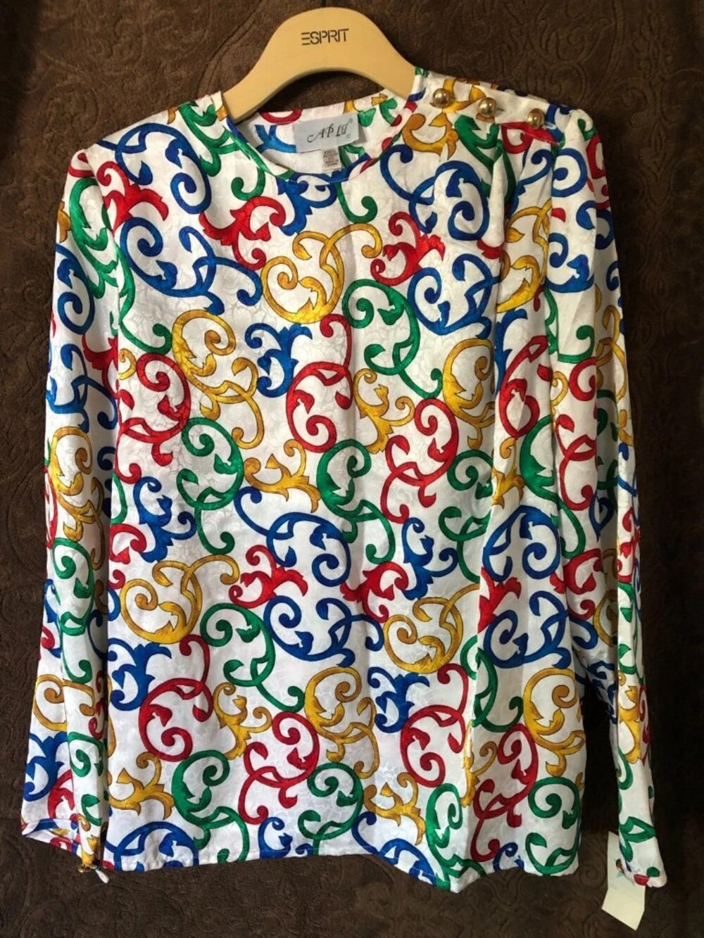 Vintage-NWT- AP Ltd Women's Blouse Colorful Pattern and Gold Button Size 14